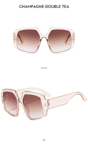 Detail view of champagne square sunglasses with brown gradient lenses and product coding