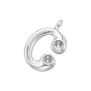 Macro detail of silver C-shaped pendant with sparkling clear round cubic zirconia stones
