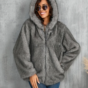 Veste d'hiver élégante en fausse fourrure grise à capuche avec fermeture éclair