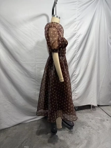 Detail of sheer brown polka dot organza dress featuring puff sleeves and midi length