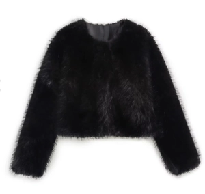 Close-up of the fluffy texture and high-gloss black faux fur on a short jacket coat