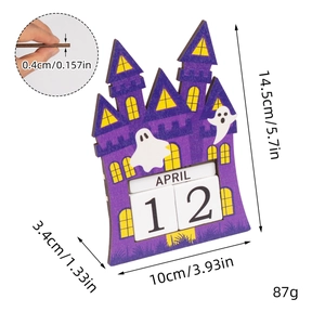 Macro view of 0.4cm thickness on Halloween wooden calendar with purple castle design