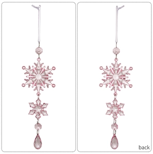 Detail of pink acrylic snowflake ornament with faceted beads and water drop pendant back view