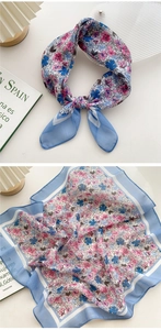 Detailed view of floral cotton linen neck scarf with blue and pink patterns in layout