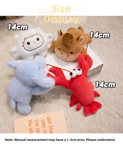 Macro detail of assorted 14cm plush animal magnets including lobster and sheep