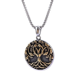 Retro two-tone stainless steel Tree of Life pendant necklace on a clean white background