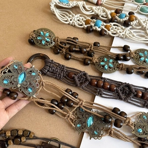 Bohemian braided waist chain with acrylic beads and turquoise floral metal accents