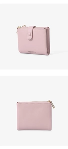 Detailed front and back view of a pink PU leather short wallet with zipper and snap button