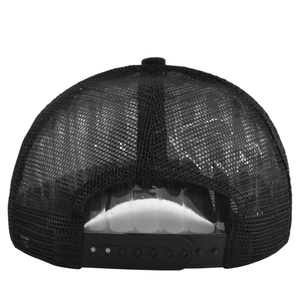 Detail of the breathable mesh back and adjustable plastic strap on a black trucker hat