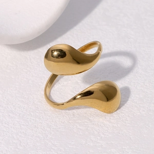 Modern gold-plated stainless steel open ring with a minimalist double teardrop design