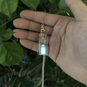 Luminous ghost glass bottle necklace with cork stopper and silver chain for Halloween