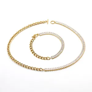Stainless Steel Gold Plated Necklace And Bracelet With Rectangular Cubic Zirconia Patchwork Cuban Chain Toggle Clasp Women