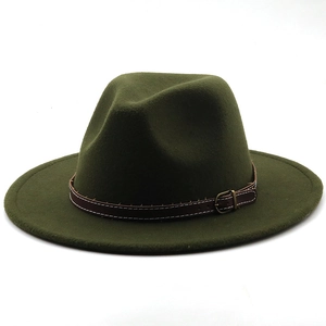 Close-up of olive green wool fedora with brown leather band and metal buckle detail