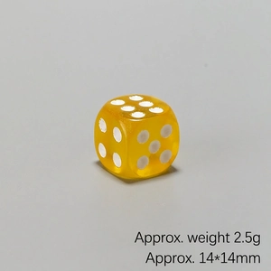 Translucent yellow resin dice weighing 2.5g and measuring 14x14mm for board games