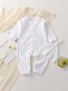 White ribbed cotton long sleeve baby bodysuit set with a matching knotted hat