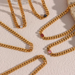 6.5mm gold Cuban chain necklace with sparkling colorful zircon stones in various hues
