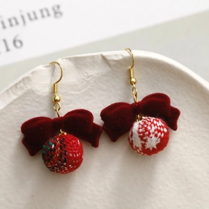 Christmas bow earrings with red plaid and snowflake pompom charms on stone