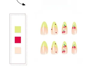 Detail of almond-shaped press-on nails featuring French green tips and red cherry patterns