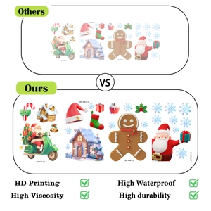 Detail showing HD printing and high viscosity of Santa and snowman window stickers