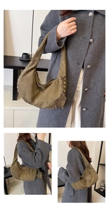 Retro matte suede shoulder bag with silver studs shown on model for size perspective