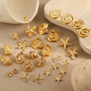 Stainless Steel Ocean Theme Earrings Gold Plated Seashell Starfish Conch Artificial Pearl Inlay Vintage Jewelry Women