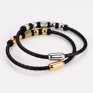 Braided leather bracelets for men with gold and silver magnetic metal clasps