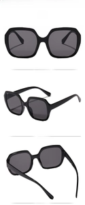 Three perspectives of black square oversized sunglasses showing front, side, and back frame views