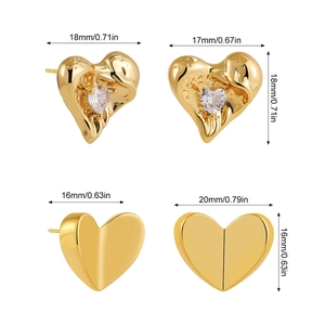 18K gold heart button earrings with cubic zirconia stones showing various dimensions