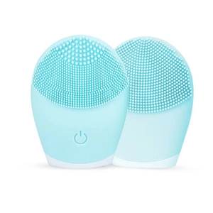 Light blue silicone facial cleansing brush with dual-sided bristles and power button