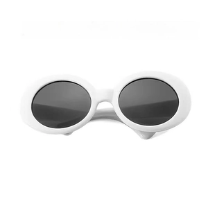 Detailed close-up of white oval frame pet sunglasses with dark lenses for cats and dogs