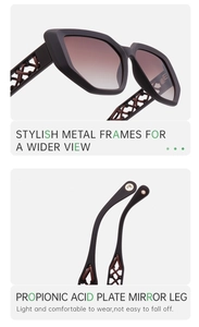 Detail view of cat eye sunglasses with woven temple design and hollow metal frames