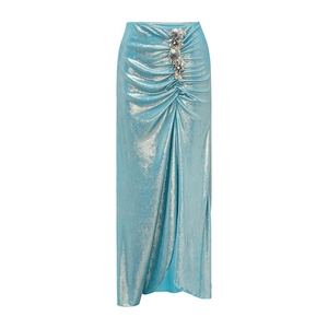 Detail of light blue metallic maxi skirt with center ruching and 3D floral ornaments