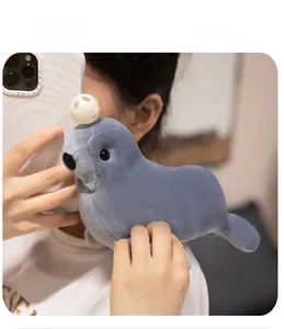Detail showing plush grey seal toy with head ball and soft short velvet texture
