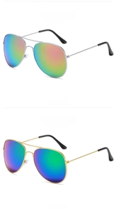 Vertical view of aviator sunglasses with silver and gold frames and mirrored lenses