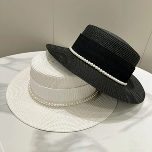 Elegant French style straw boater hats with ribbon and pearl chain in black and white