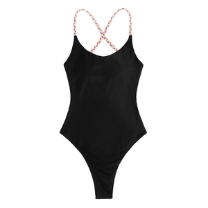 One-piece black swimsuit with colorful braided criss-cross back straps on a plain white background