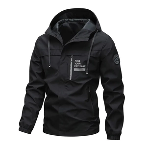Black waterproof hooded windbreaker jacket for men with chest print and arm badge logo