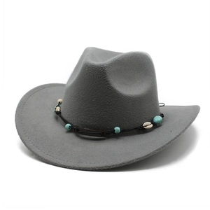 Detail of grey western fedora with turquoise beads and shell accent on hatband
