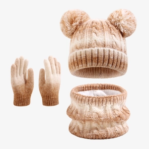 Detailed view of children's knit set with gradient beige beanie, scarf and gloves