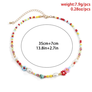 Bohemian colorful beaded flower necklace with pearls and adjustable gold lobster clasp