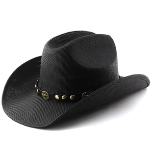Schwarzer Stroh-Cowboyhut mit Lederband und Bullenkopf-Emblem im Vintage-Western-Stil