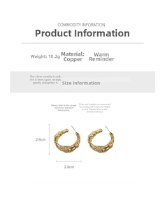 Size guide for gold plated 18K textured C-shape hoop earrings with silver pins