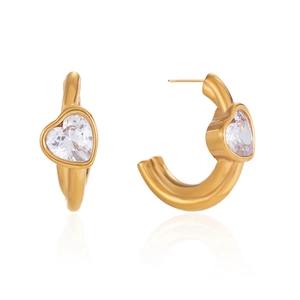 Elegant gold heart-shaped zircon C-hoop earrings with a minimalist stainless steel design
