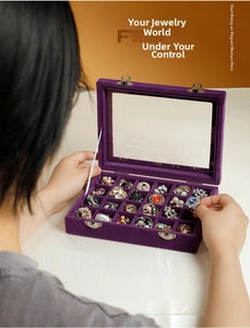 Detail view of purple velvet jewelry organizer with 24 slots and transparent glass lid