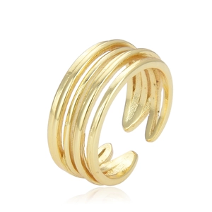 Detailed view of multilayer gold open ring with polished metal finish on white background