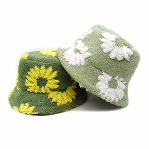 Sunflower Floral Plush Bucket Hat Winter Warm Teddy Velvet Faux Fur Fisherman Cap Retro Thick For Women