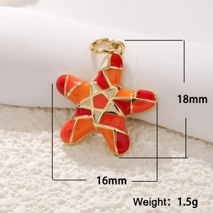 Macro shot of a 14k gold-plated starfish pendant with colorful enamel and measurements