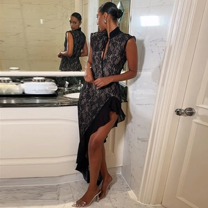 Elegant black lace sleeveless evening dress with asymmetrical hem and high collar design