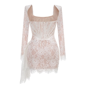 Détails du tissu en dentelle florale blanche et structure baleinée sur une mini robe