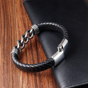 Men's multi-layer braided black leather bracelet with stainless steel silver chain links